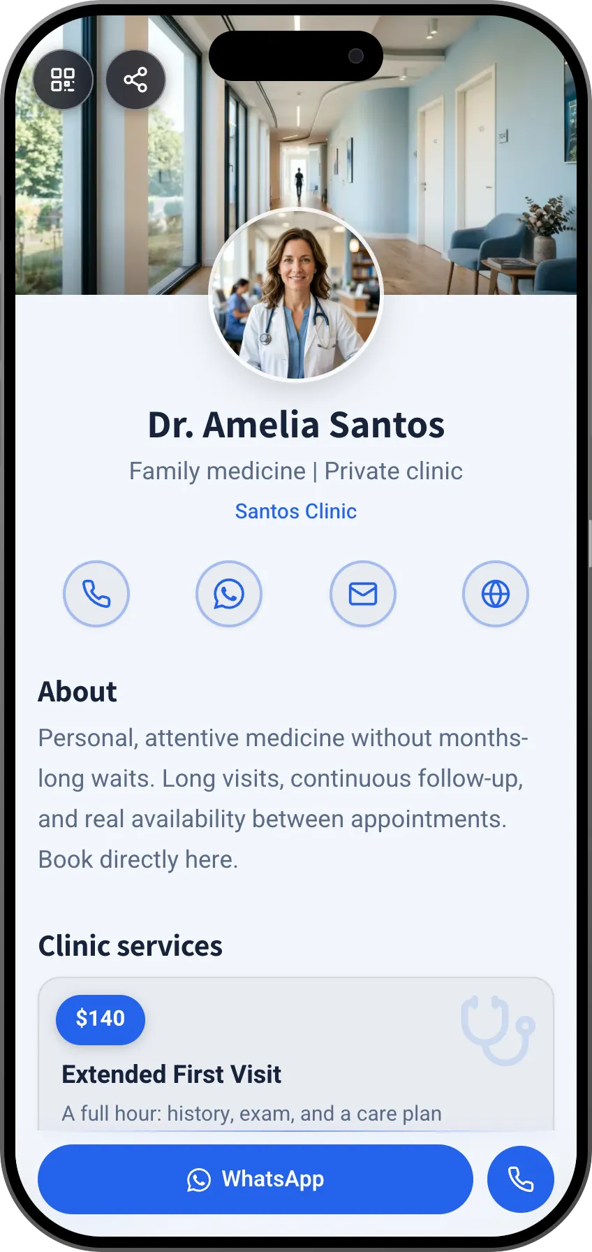 Doctor digital business card template: clinic services and appointment booking. A MyVisito template