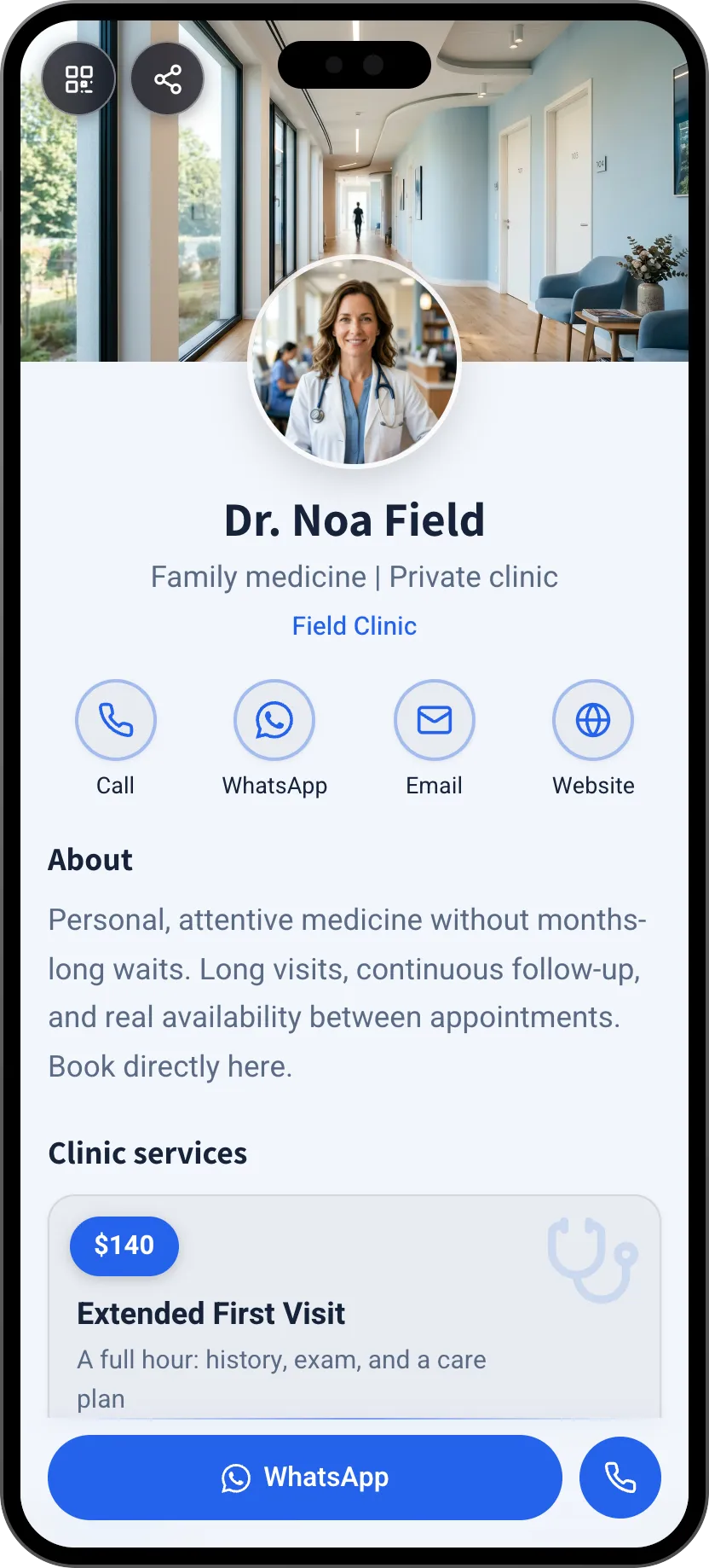 Doctor digital business card template: clinic services and appointment booking. A MyVisito template
