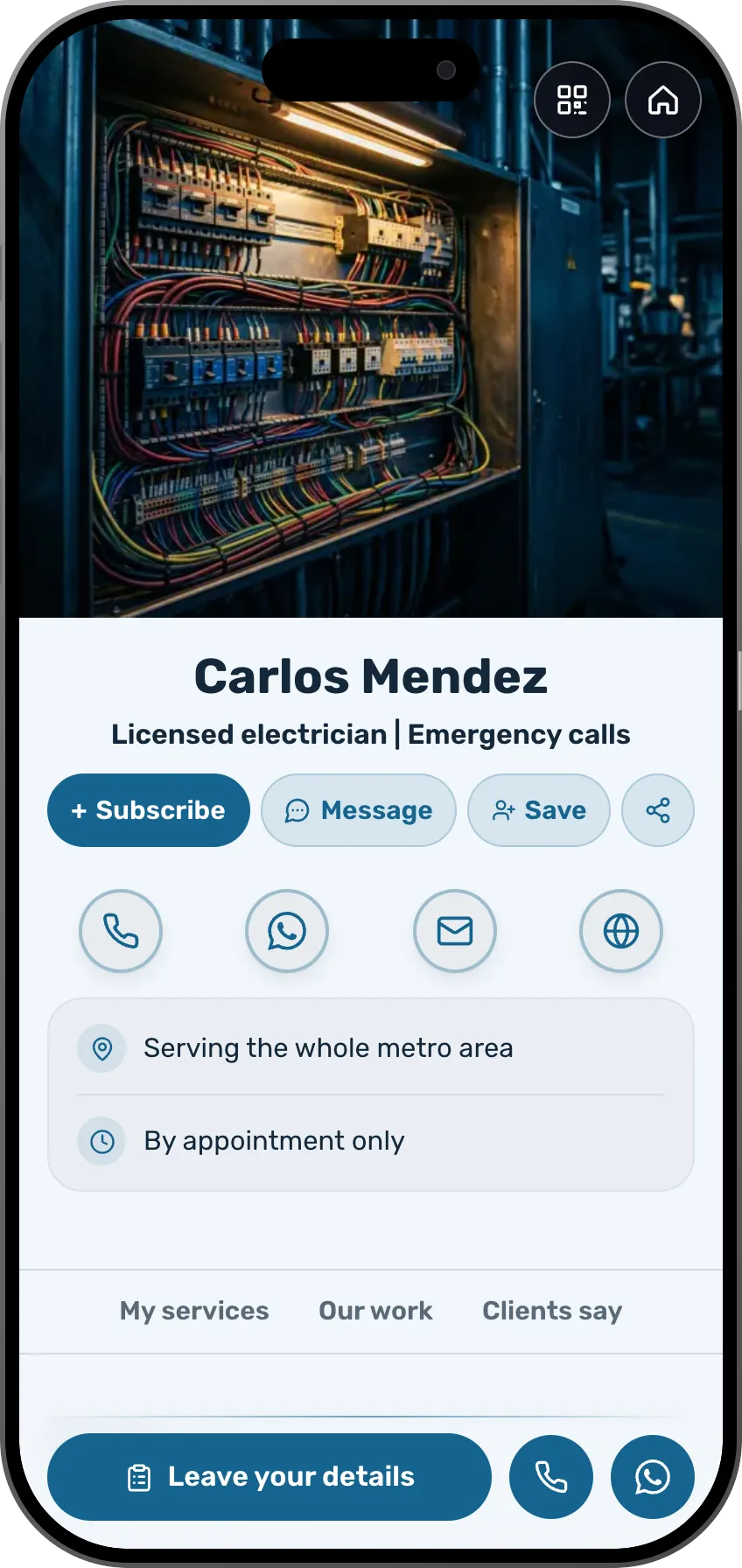 Electrician digital business card template: services, job photos and a call button. A MyVisito template