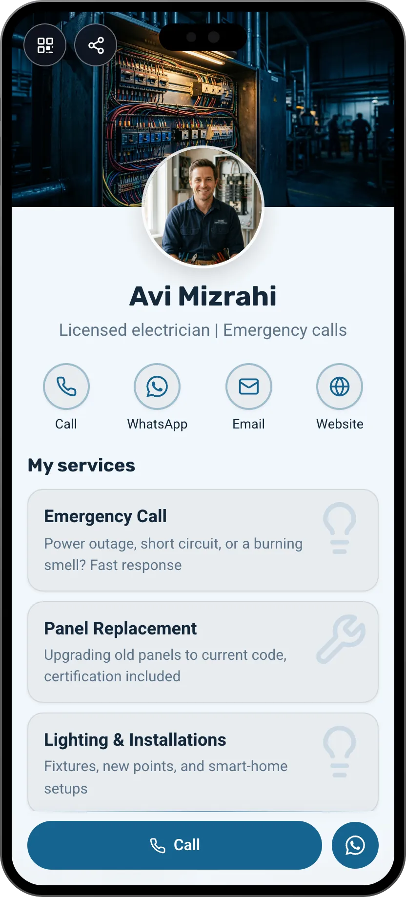 Electrician digital business card template: services, job photos and a call button. A MyVisito template