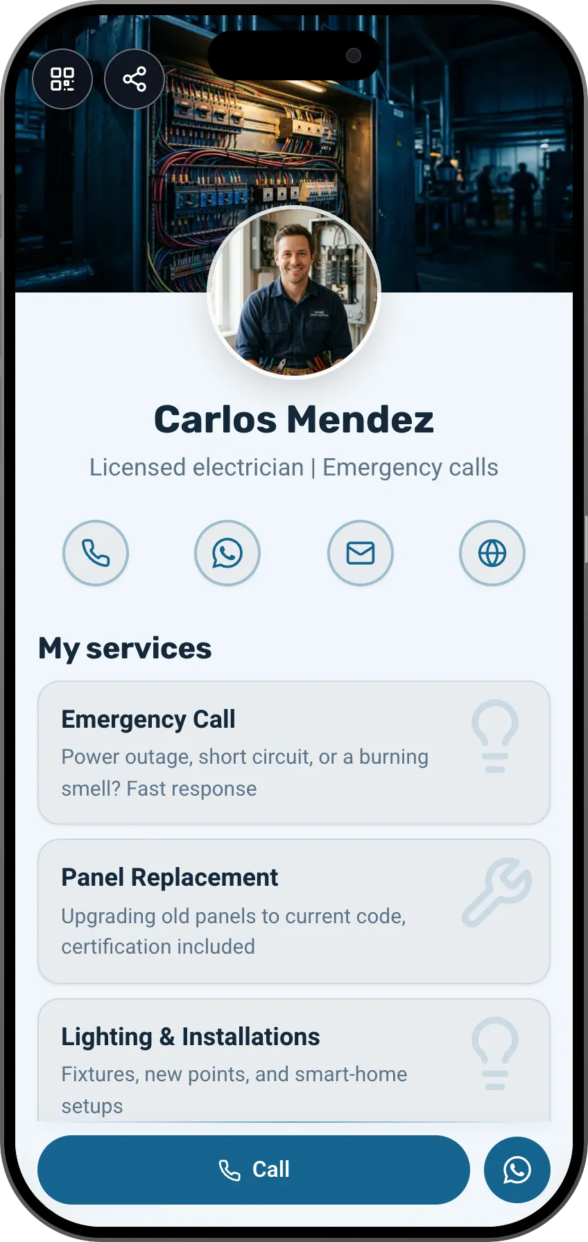 Electrician digital business card template: services, job photos and a call button. A MyVisito template