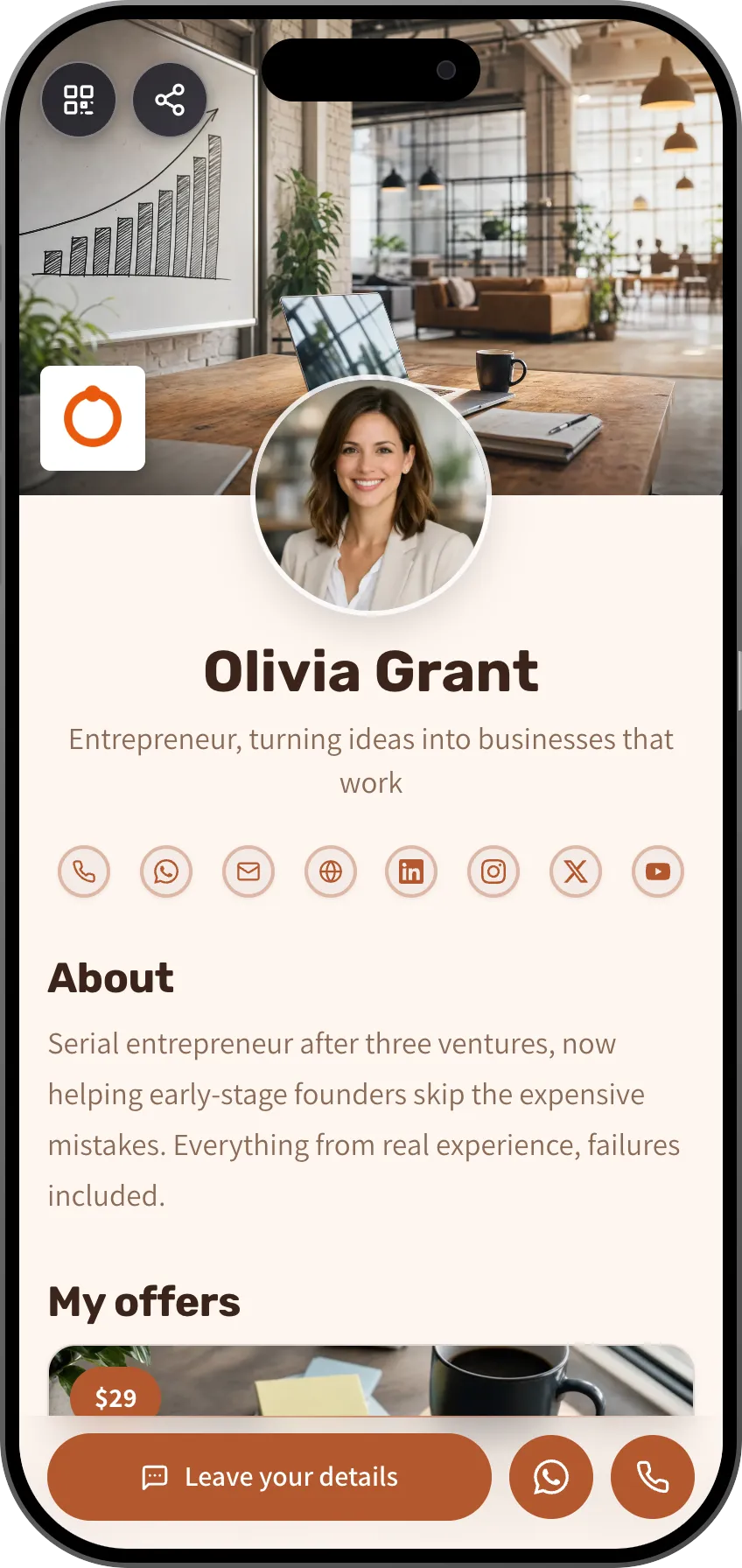 Entrepreneur digital business card template: products and lead capture. A MyVisito template