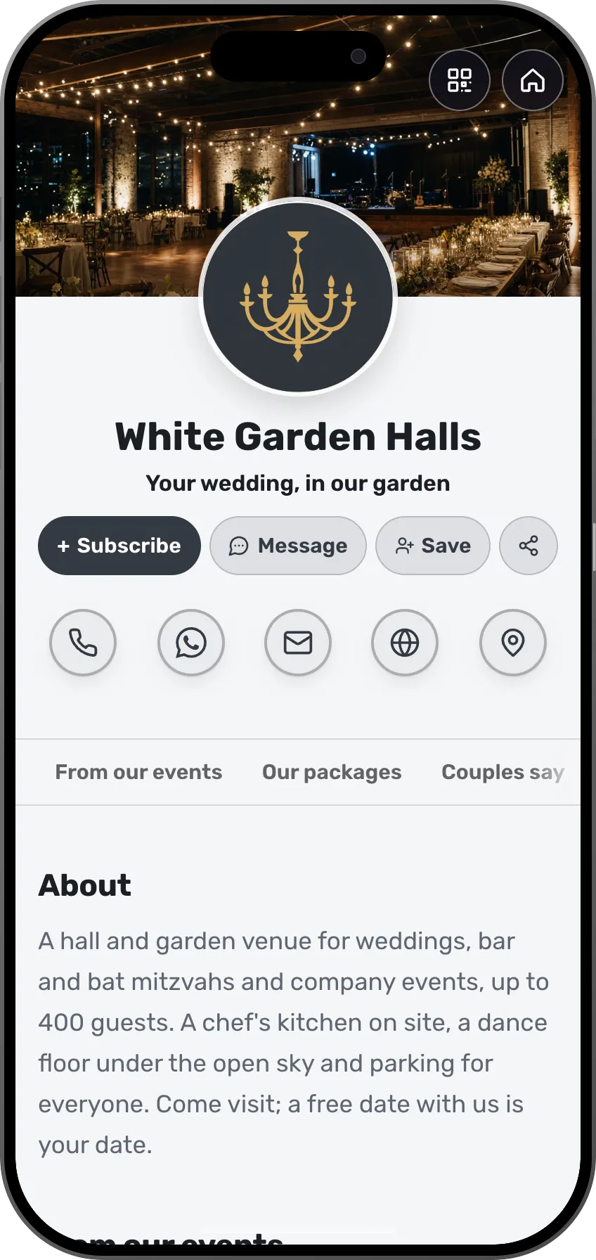 Event hall digital business card template: the venue gallery, packages, reviews, directions and a visit booking. A MyVisito template