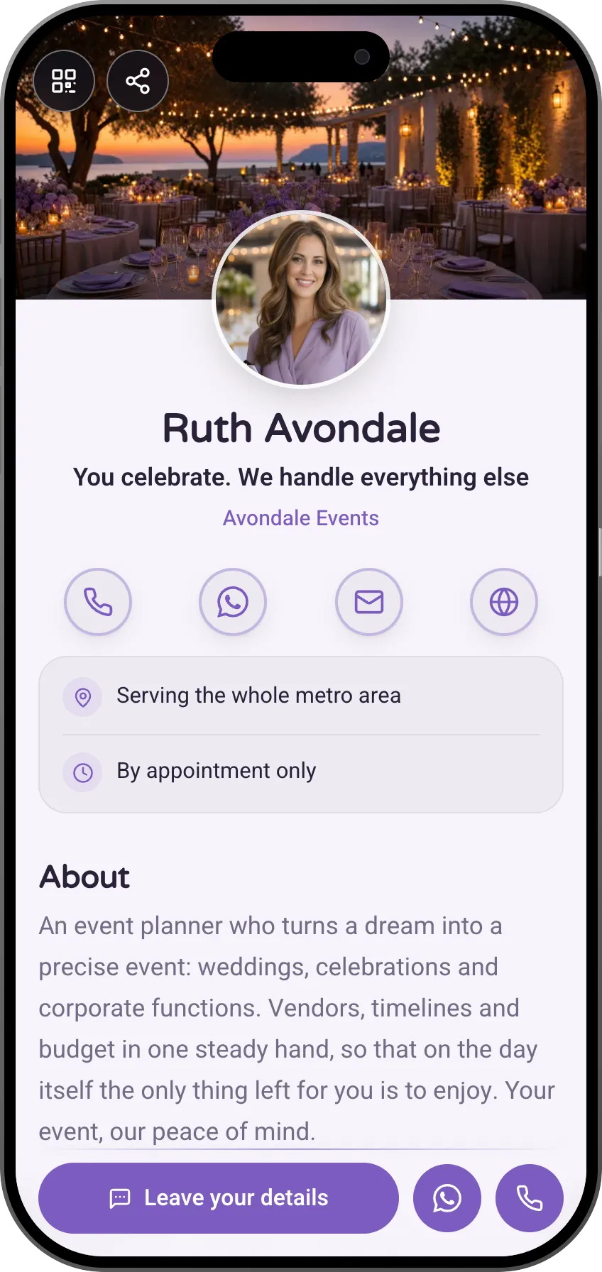 Digital business card template: Event planner. For event planners: an event gallery, production types and testimonials from couples and companies.