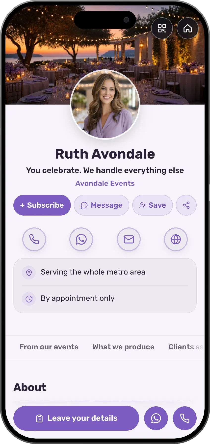 Event planner digital business card template: an event gallery, production types and testimonials from couples and companies.
