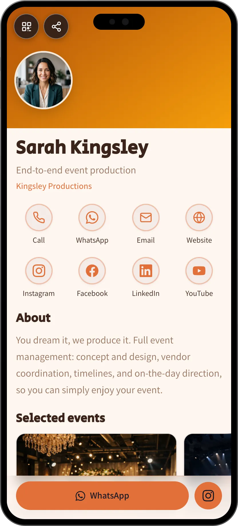 Event producer digital business card template: selected events and production services. A MyVisito template