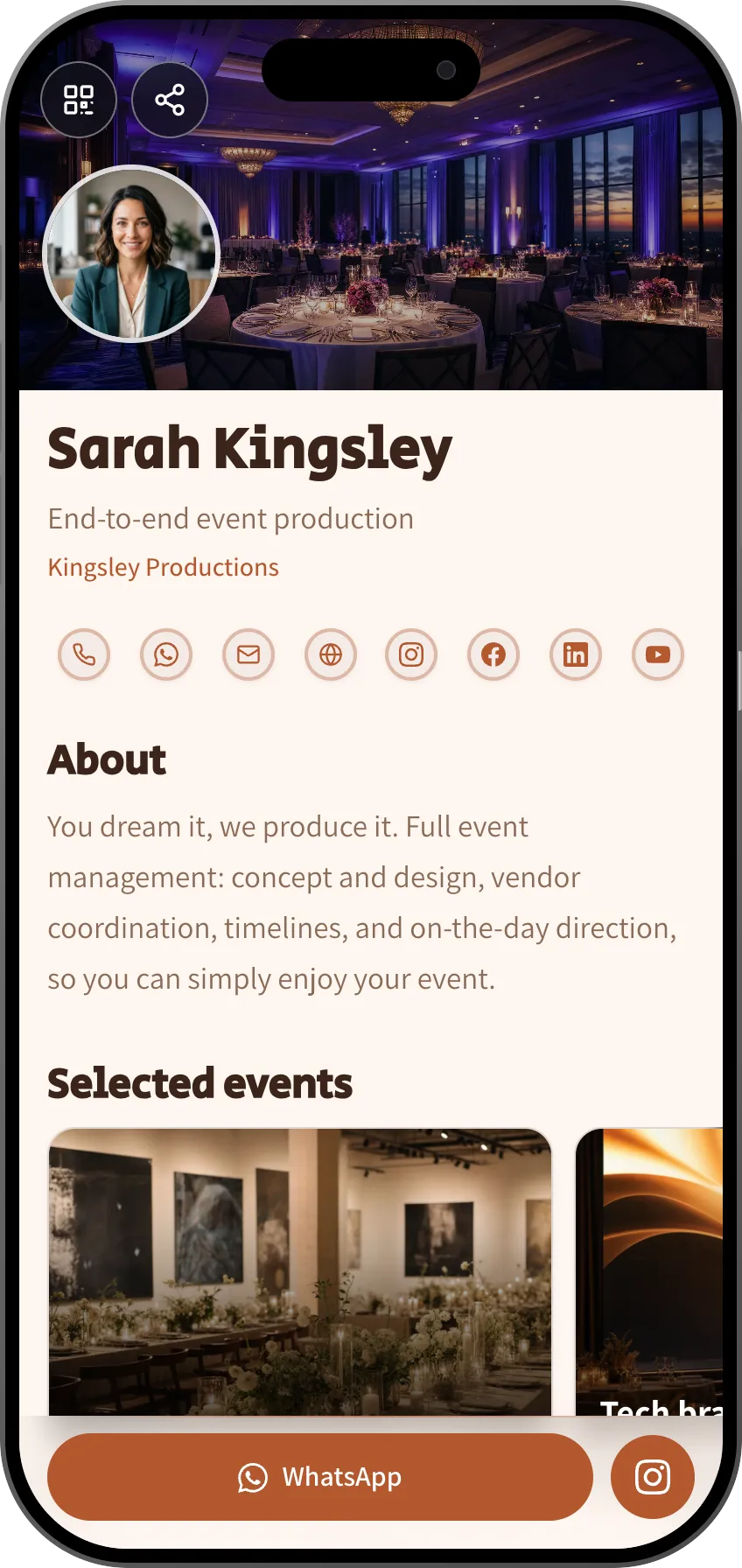 Event producer digital business card template: selected events and production services. A MyVisito template