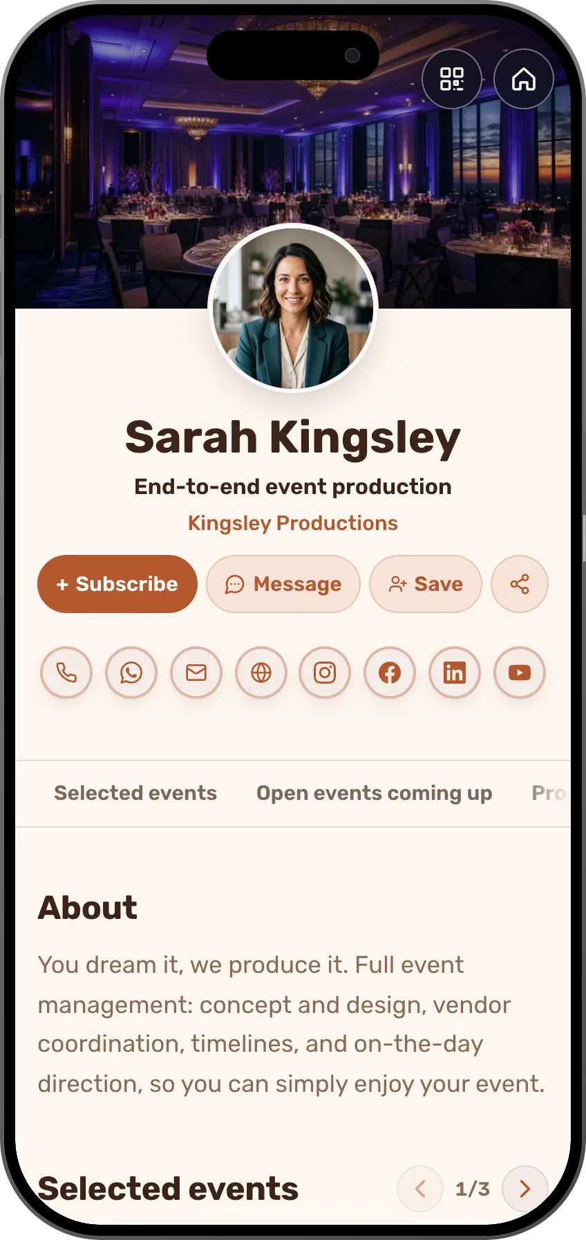 Event producer digital business card template: selected events and production services. A MyVisito template