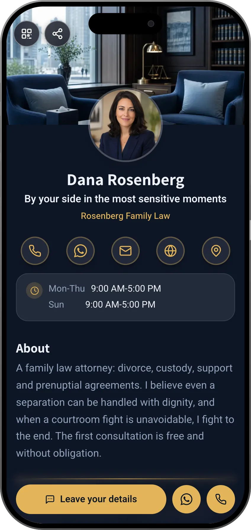 Digital business card template: Family law. For family lawyers: practice areas, discreet testimonials and consultation booking.