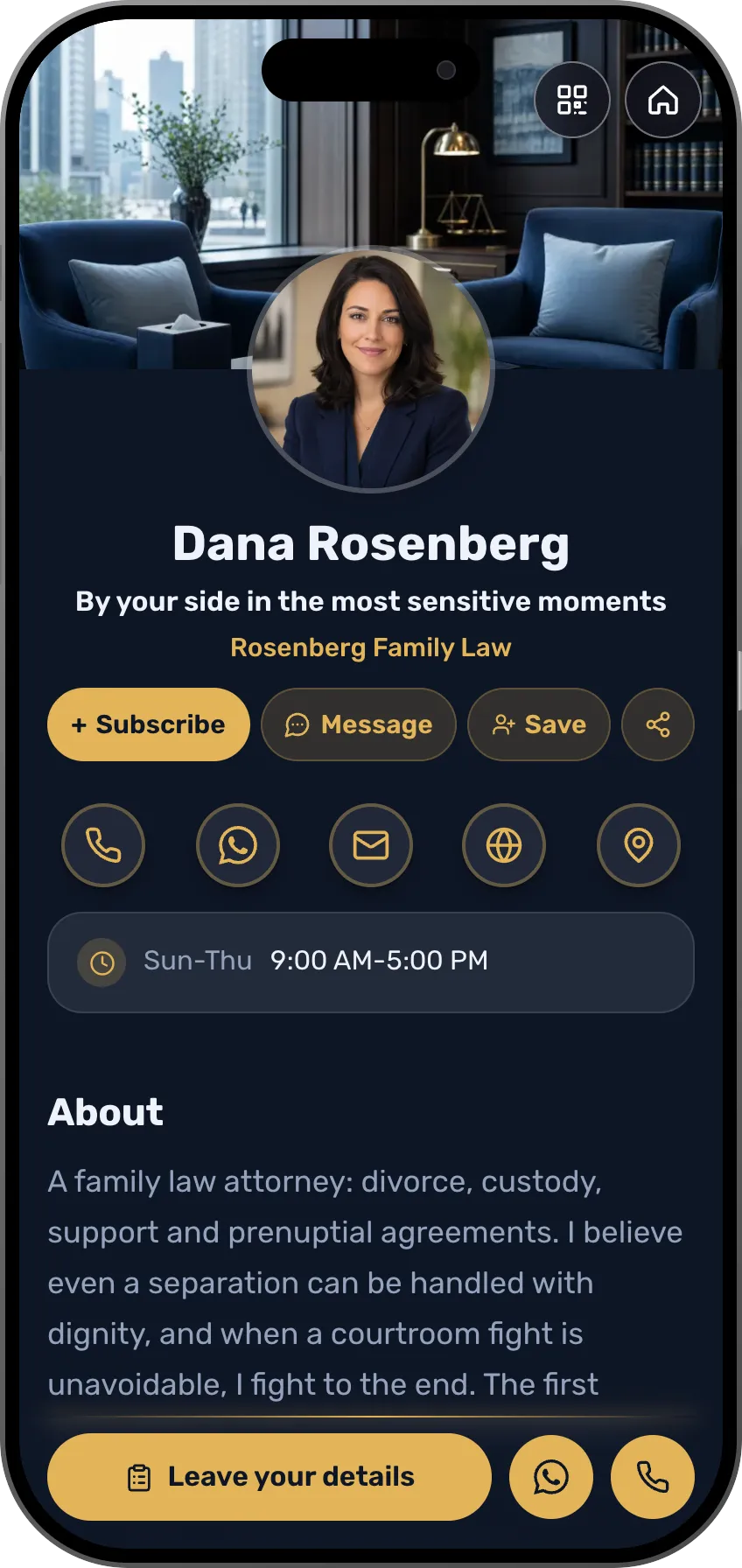 Digital business card template: Family law. For family lawyers: practice areas, discreet testimonials and consultation booking.