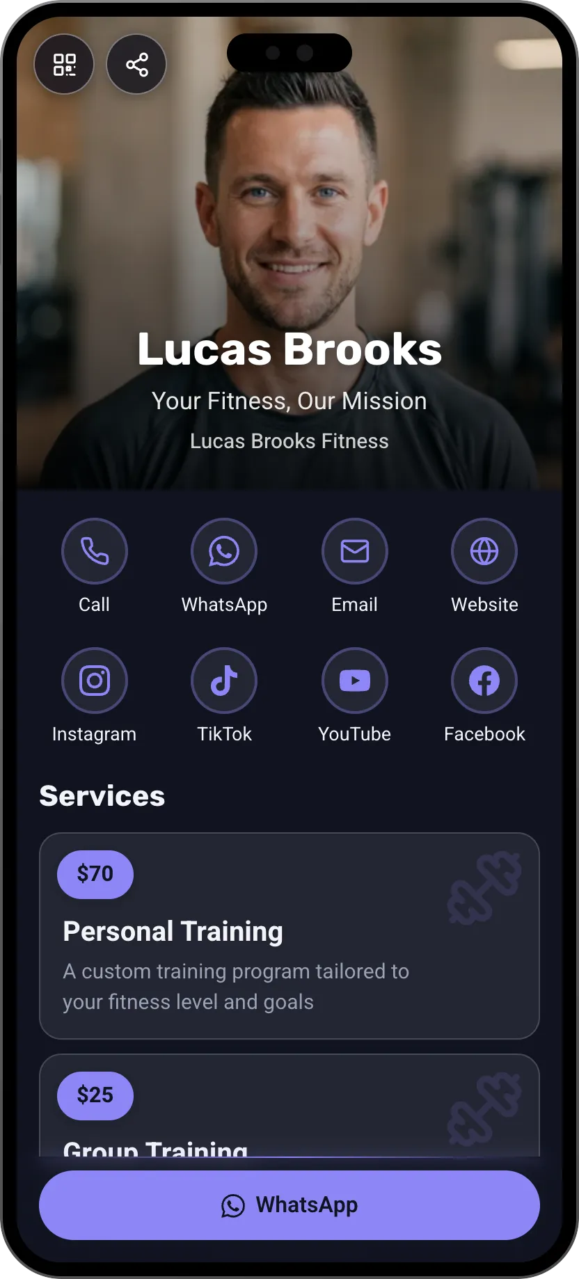 Fitness coach digital business card template: personal training and session booking. A MyVisito template