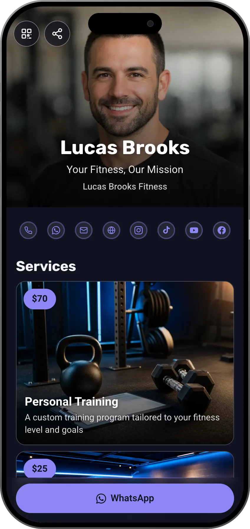 Fitness coach digital business card template: personal training and session booking. A MyVisito template