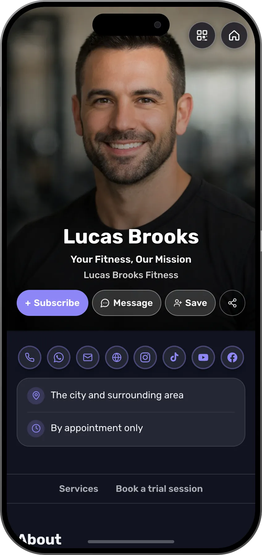 Fitness coach digital business card template: personal training and session booking. A MyVisito template