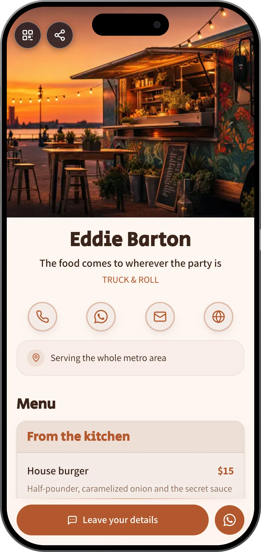 Digital business card template: Food truck. For food trucks: a menu, gallery and a live schedule of where the truck will be.