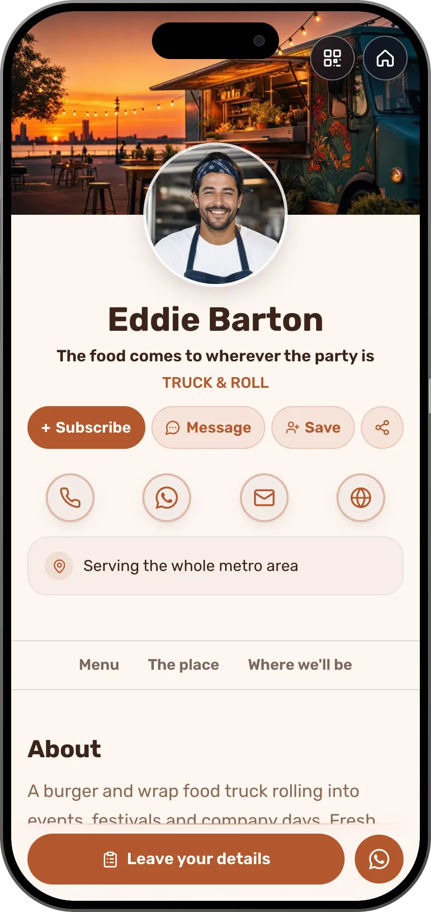 Digital business card template: Food truck. For food trucks: a menu, gallery and a live schedule of where the truck will be.
