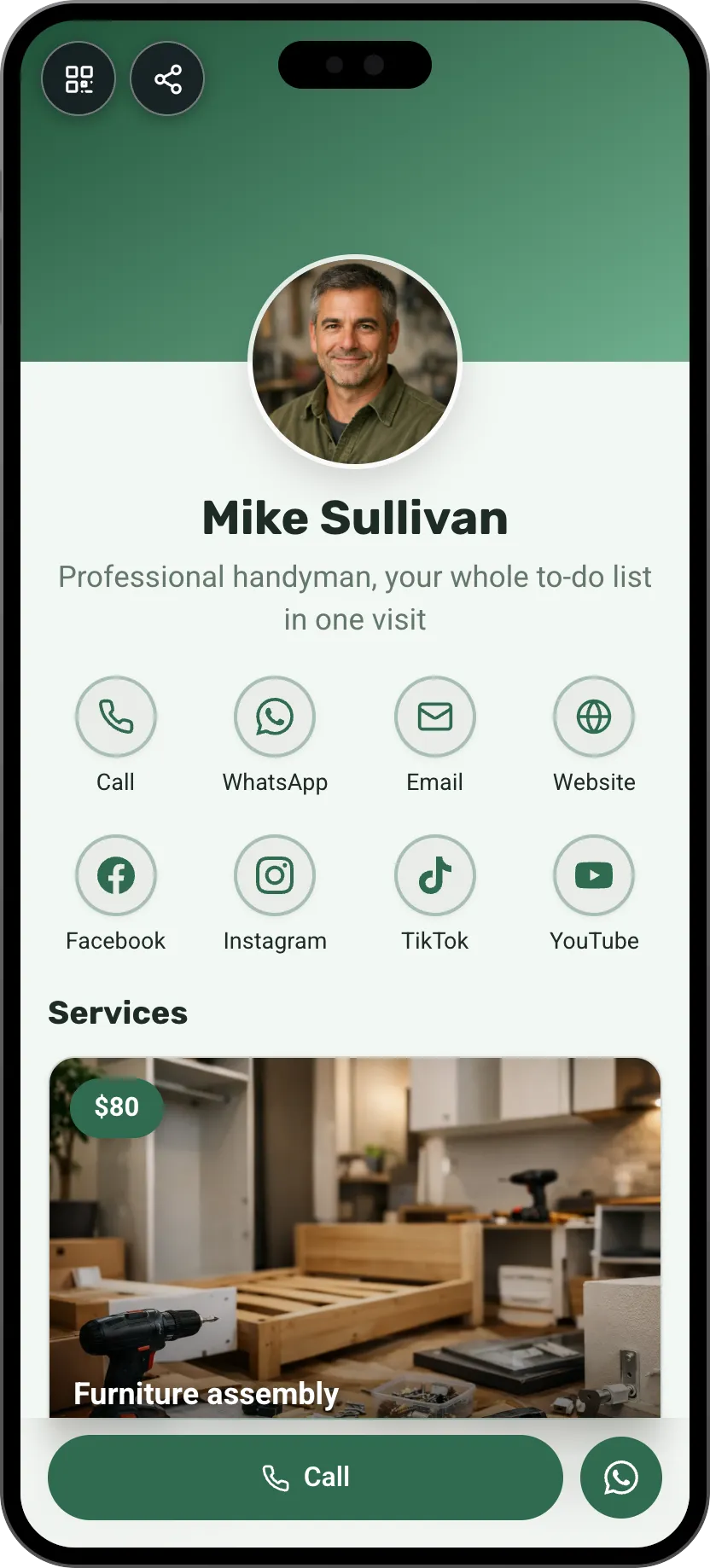 Handyman digital business card template: repair services and reviews. A MyVisito template
