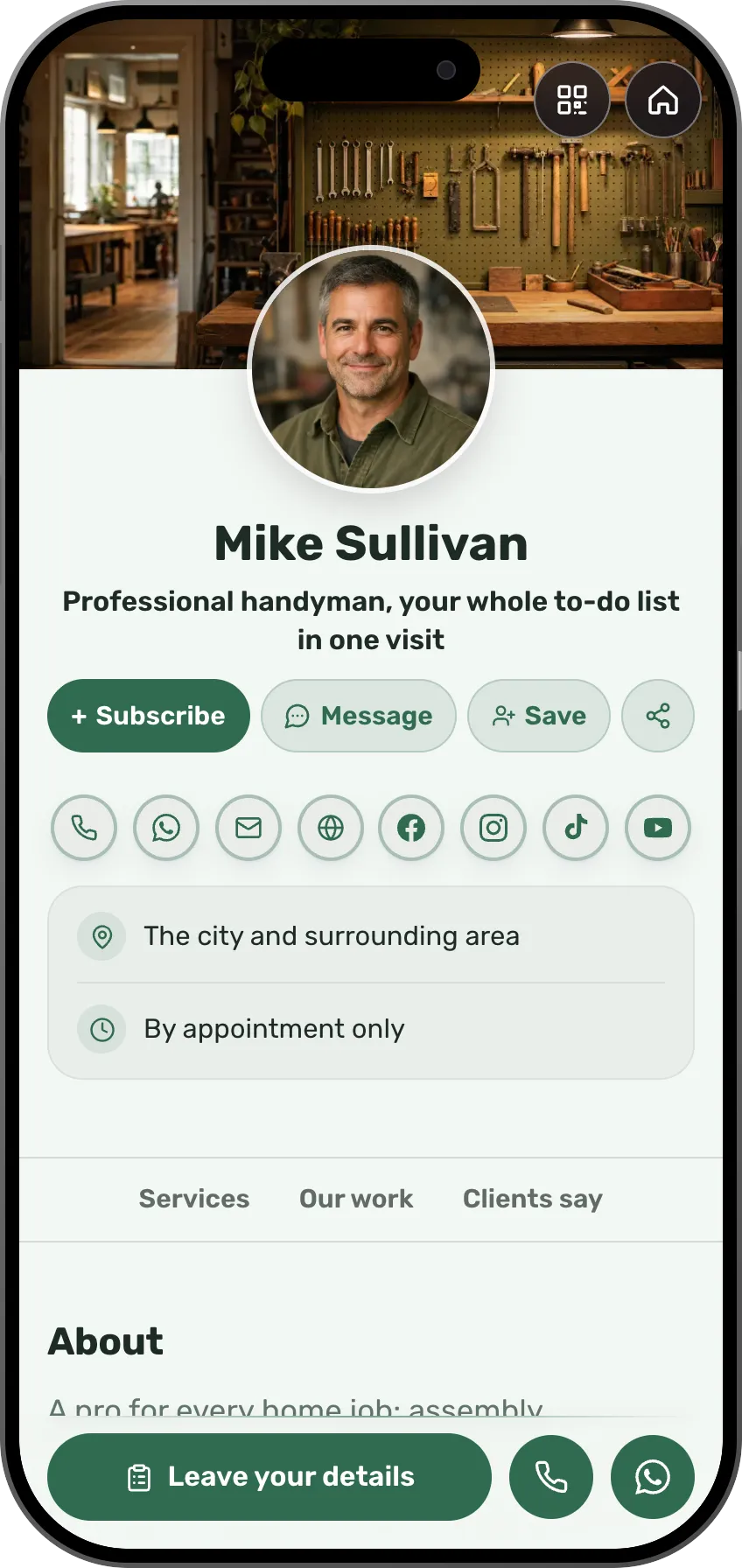 Handyman digital business card template: repair services and reviews. A MyVisito template