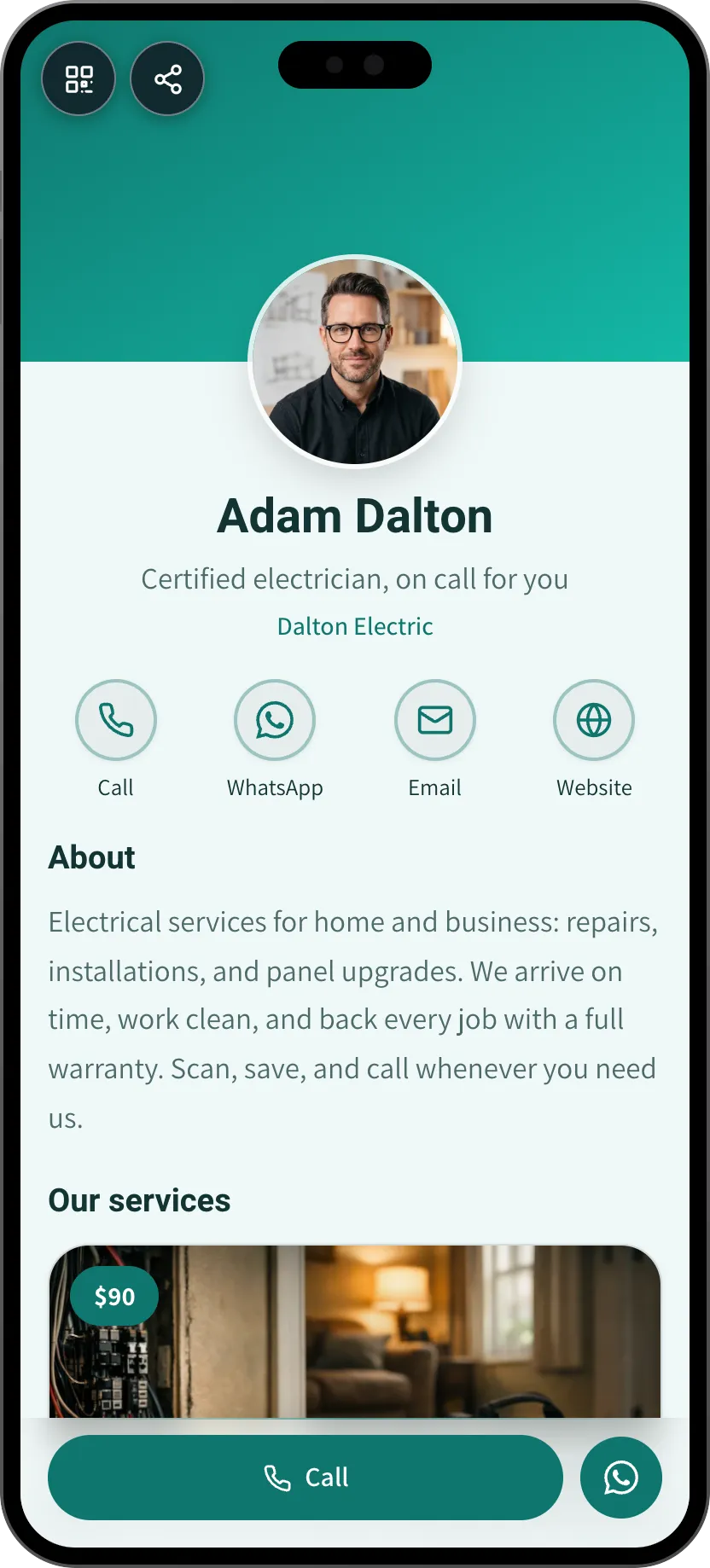 Home services digital business card template: repairs and reviews. A MyVisito template