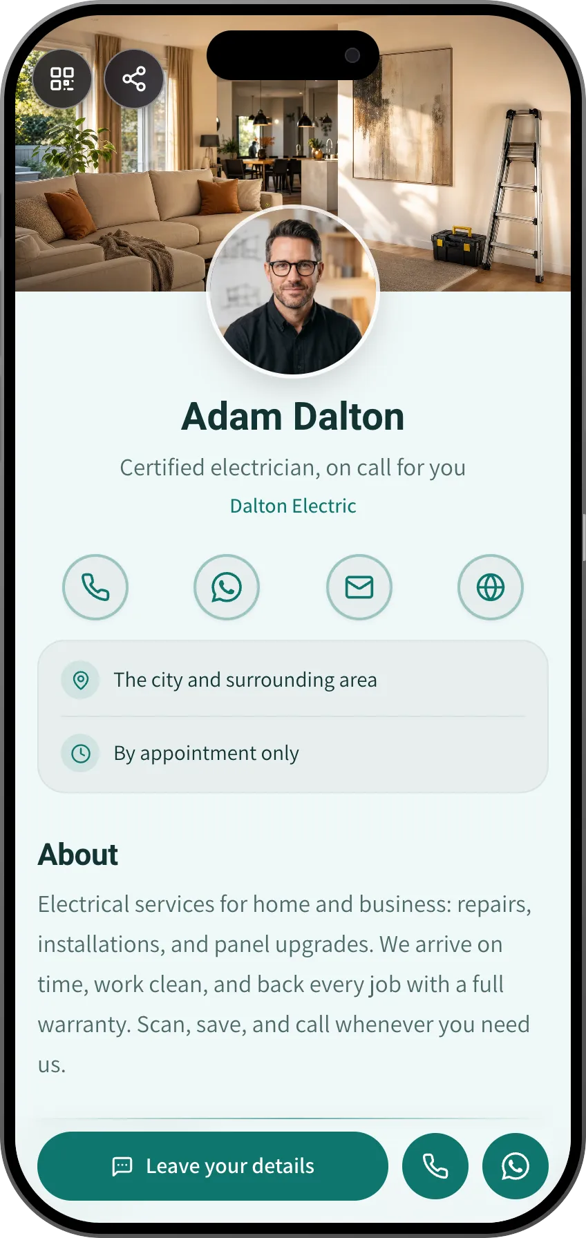 Home services digital business card template: repairs and reviews. A MyVisito template