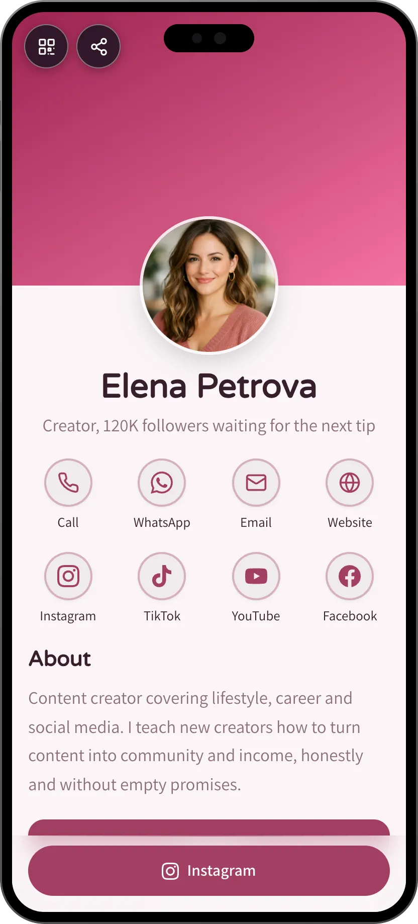 Influencer digital business card template: links, products and follower signup. A MyVisito template