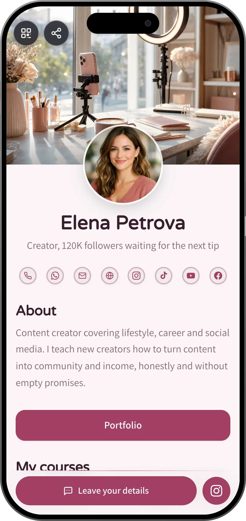 Influencer digital business card template: links, products and follower signup. A MyVisito template