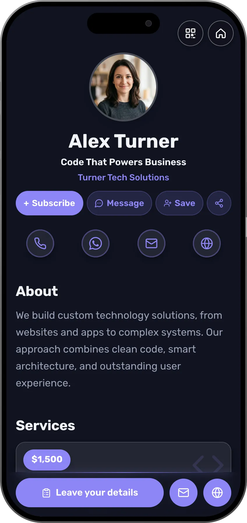 Dark digital business card template for developers and designers. A MyVisito template