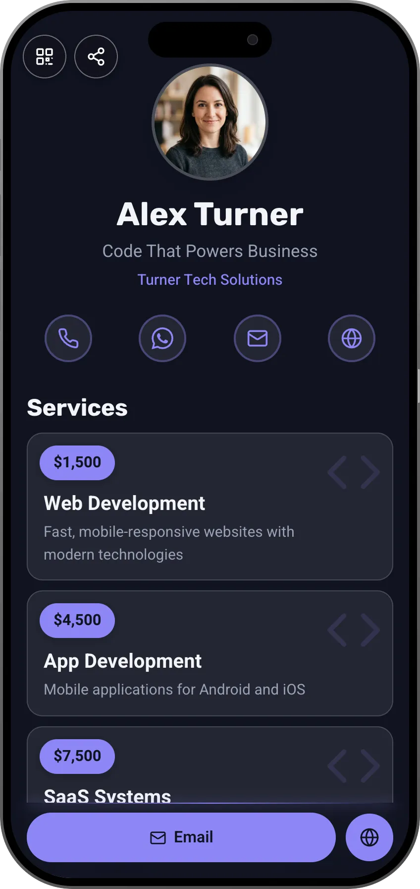 Dark digital business card template for developers and designers. A MyVisito template