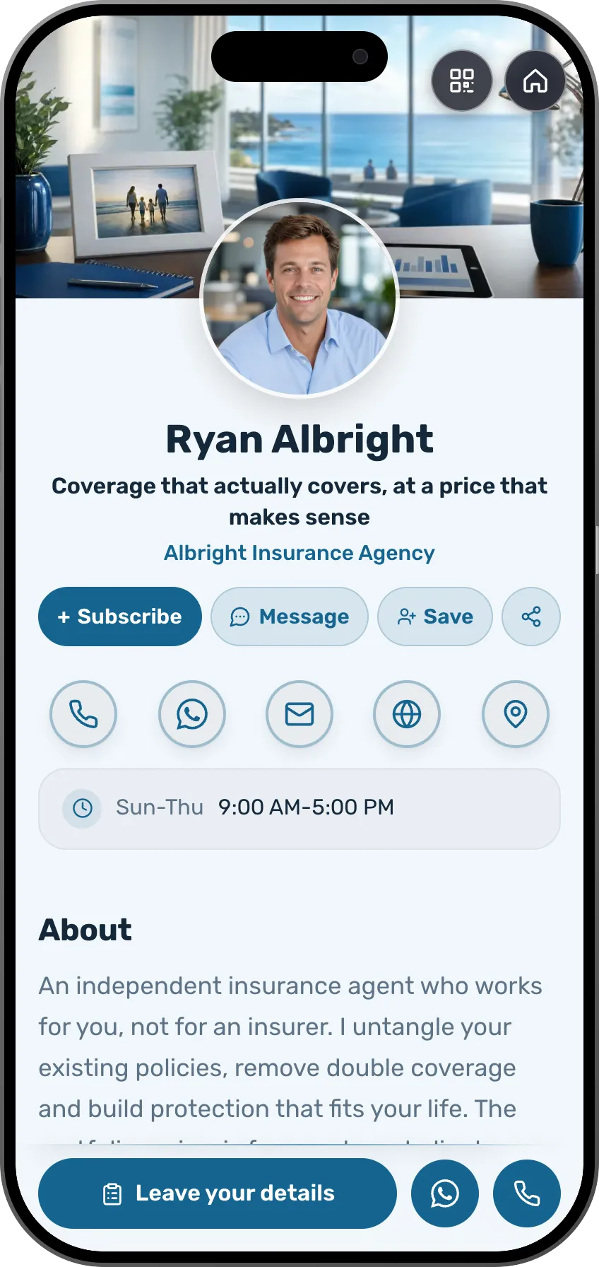 Insurance agent digital business card template: policy reviews, coverage lines and testimonials from people who saved.