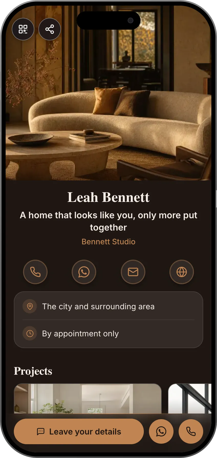 Digital business card template: Interior designer. For interior designers: projects first, clear services and testimonials from happy families.