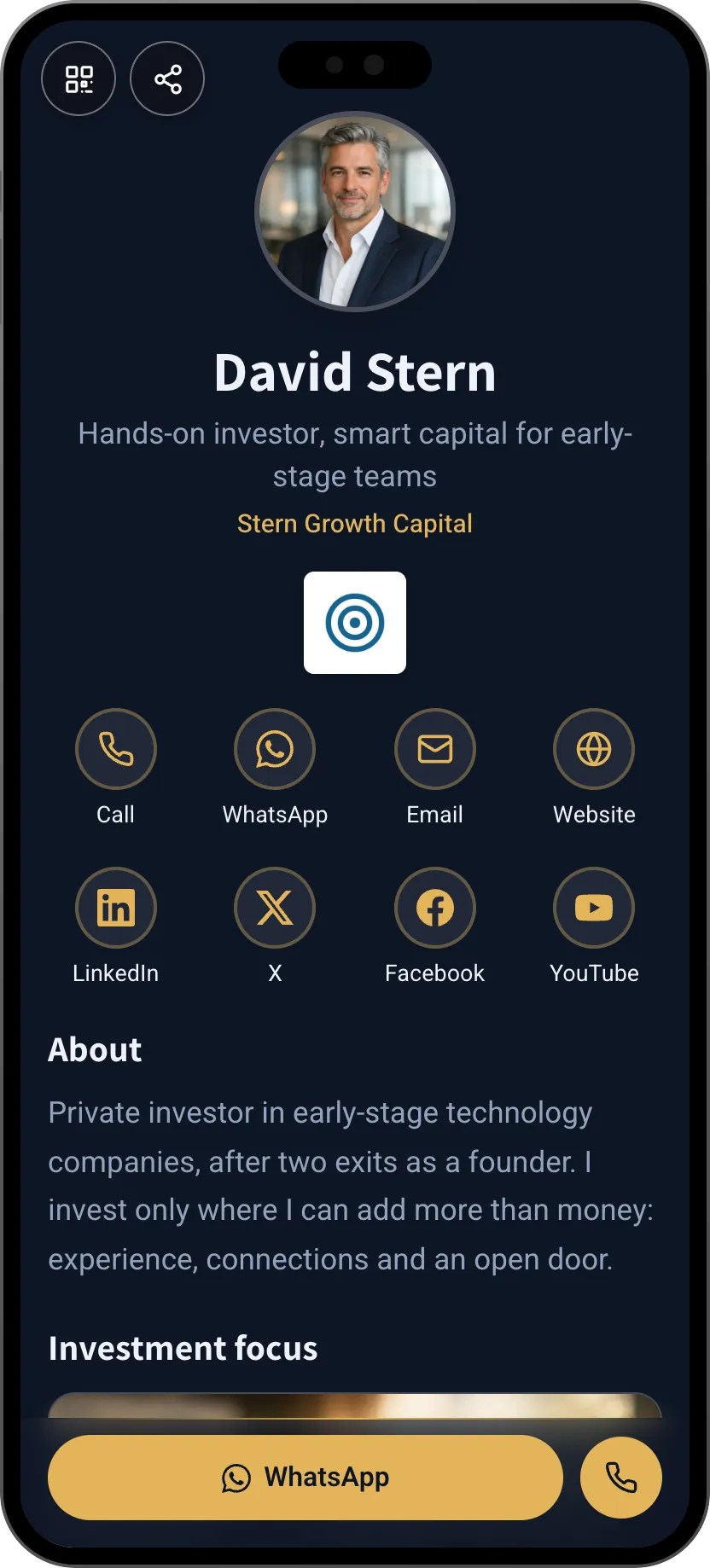 Investor digital business card template: investment focus and podcast. A MyVisito template