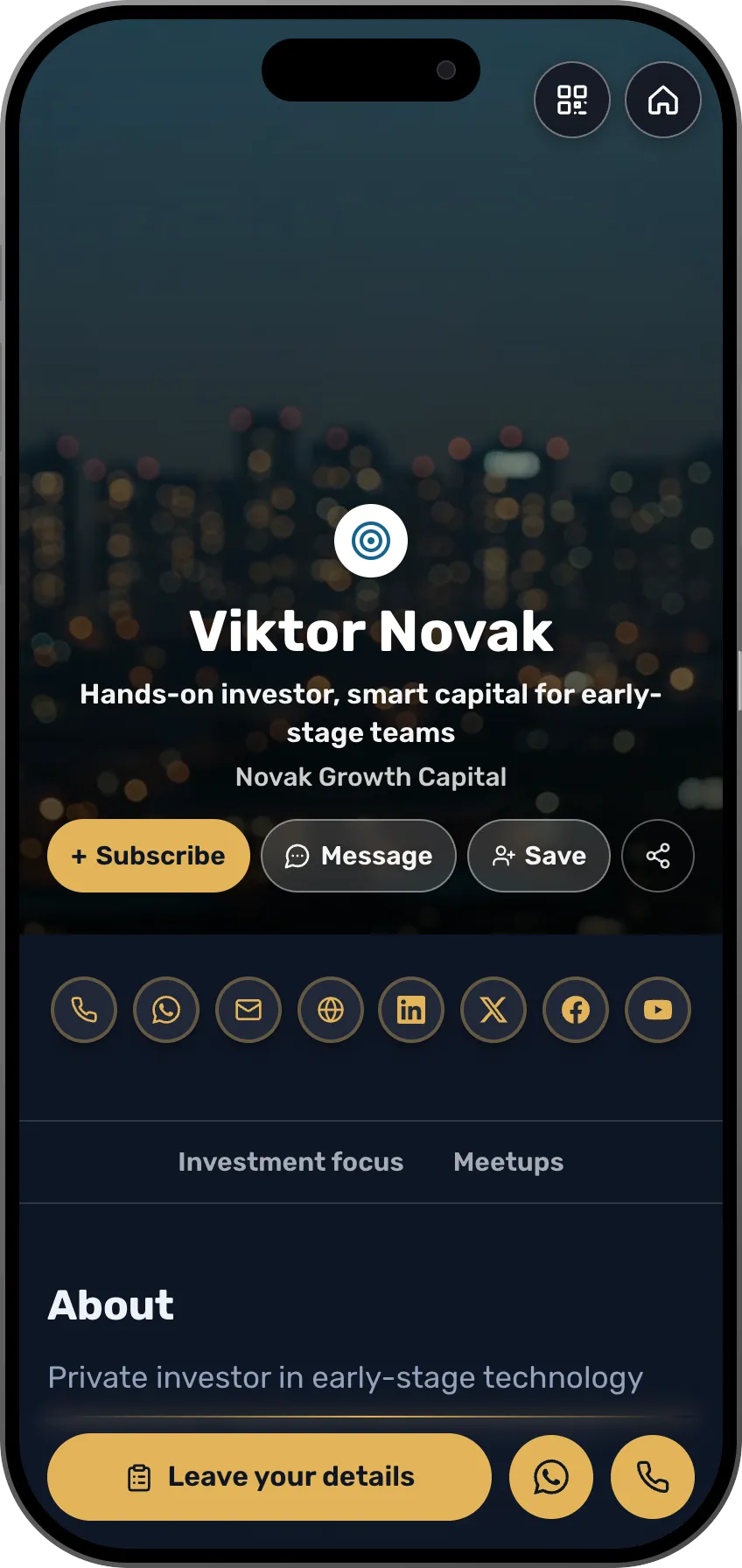 Investor digital business card template: investment focus and podcast. A MyVisito template