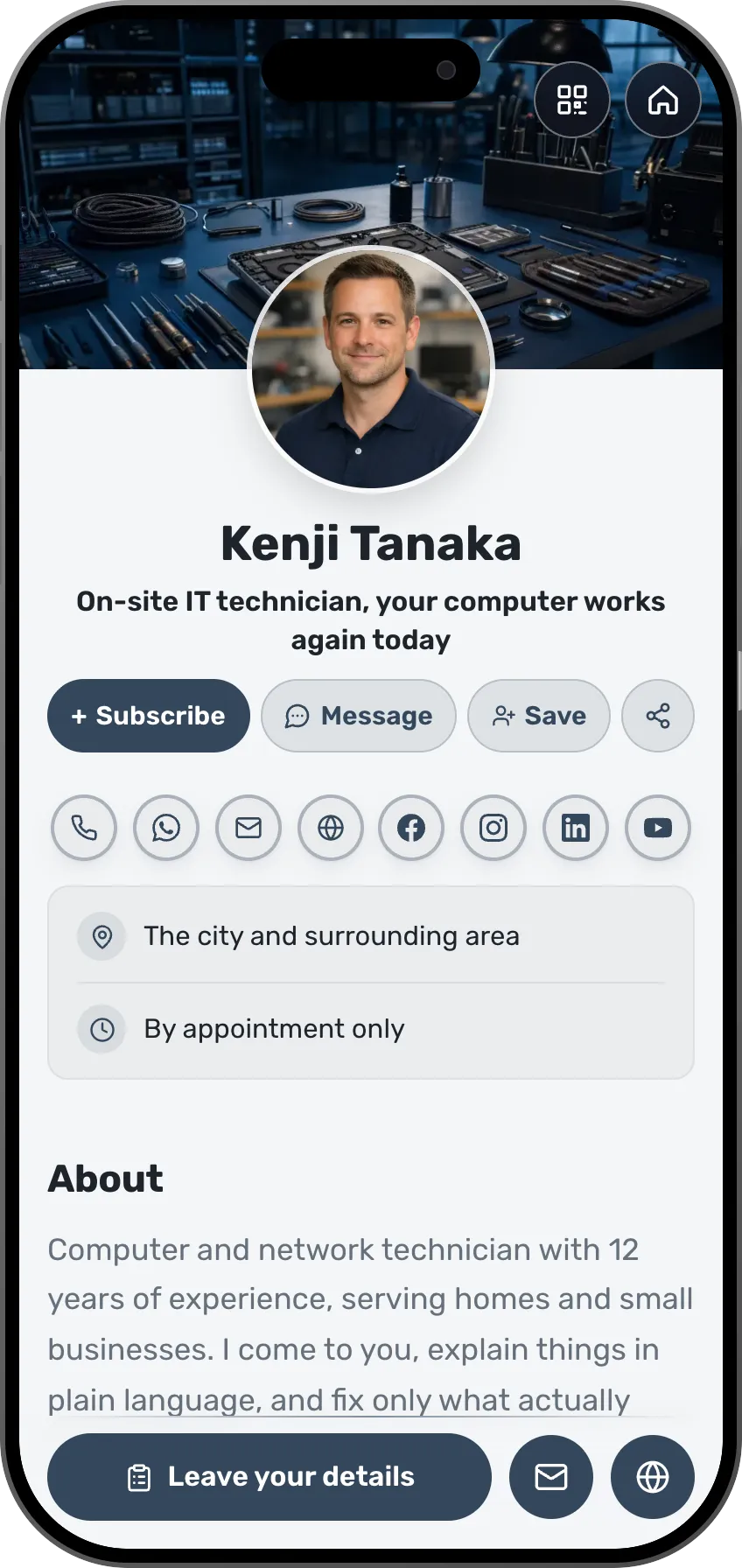IT technician digital business card template: support services and a call button. A MyVisito template
