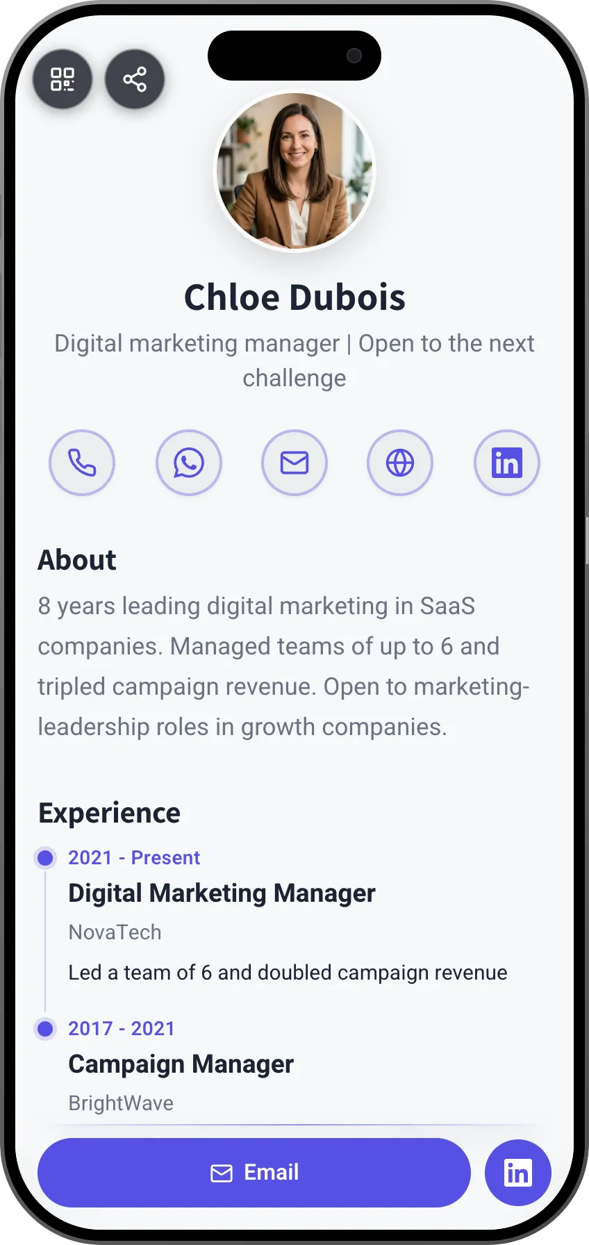 Job seeker digital business card template: achievements, CV and references. A MyVisito template