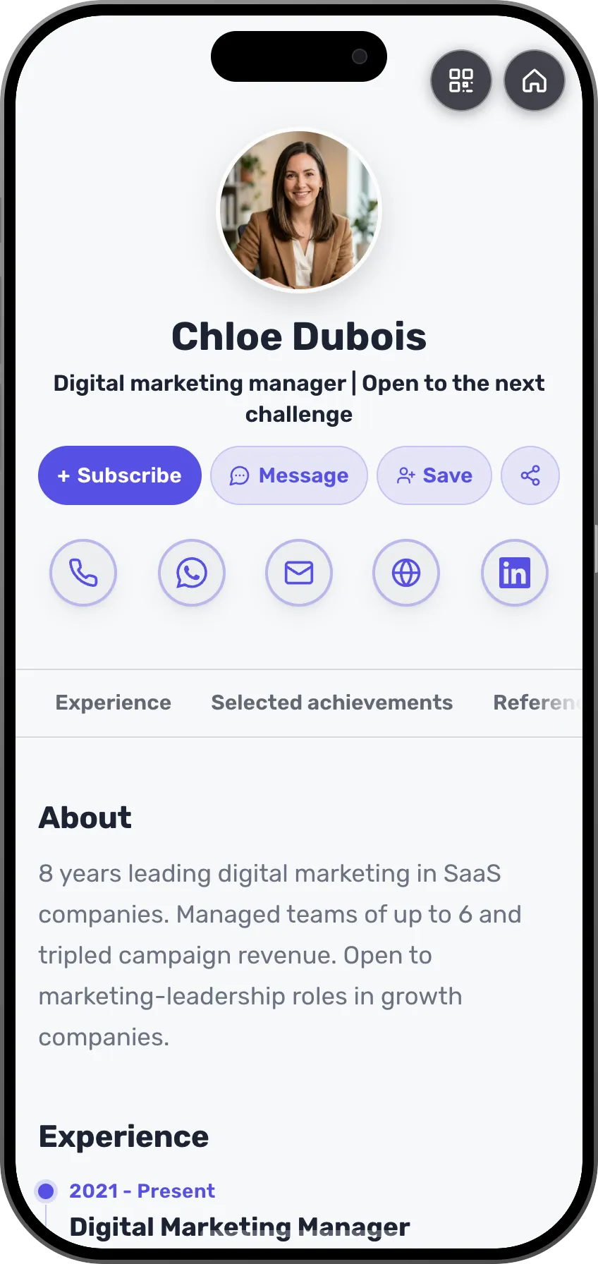 Job seeker digital business card template: achievements, CV and references. A MyVisito template
