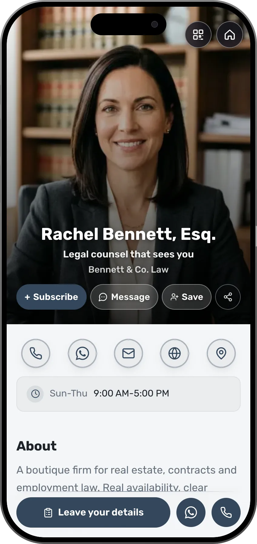 Law firm digital business card template: practice areas and testimonials. A MyVisito template