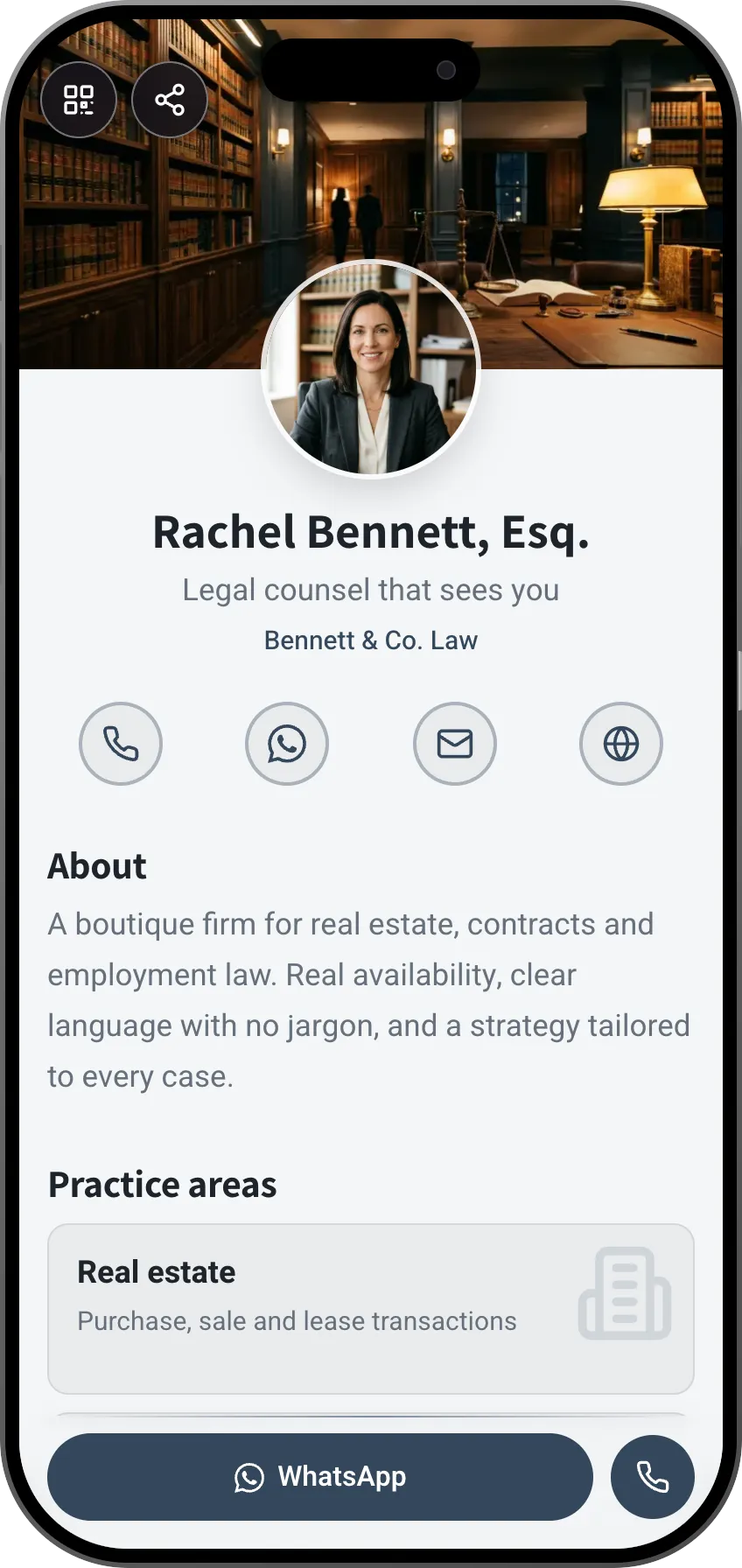Law firm digital business card template: practice areas and testimonials. A MyVisito template