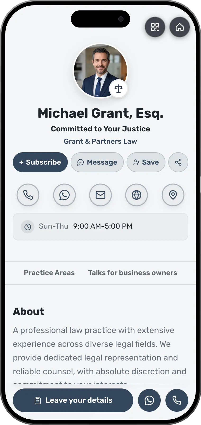 Lawyer digital business card template: practice areas and contact details. A MyVisito template