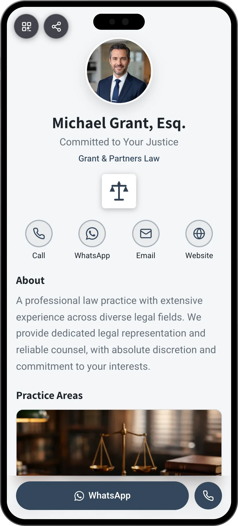 Lawyer digital business card template: practice areas and contact details. A MyVisito template