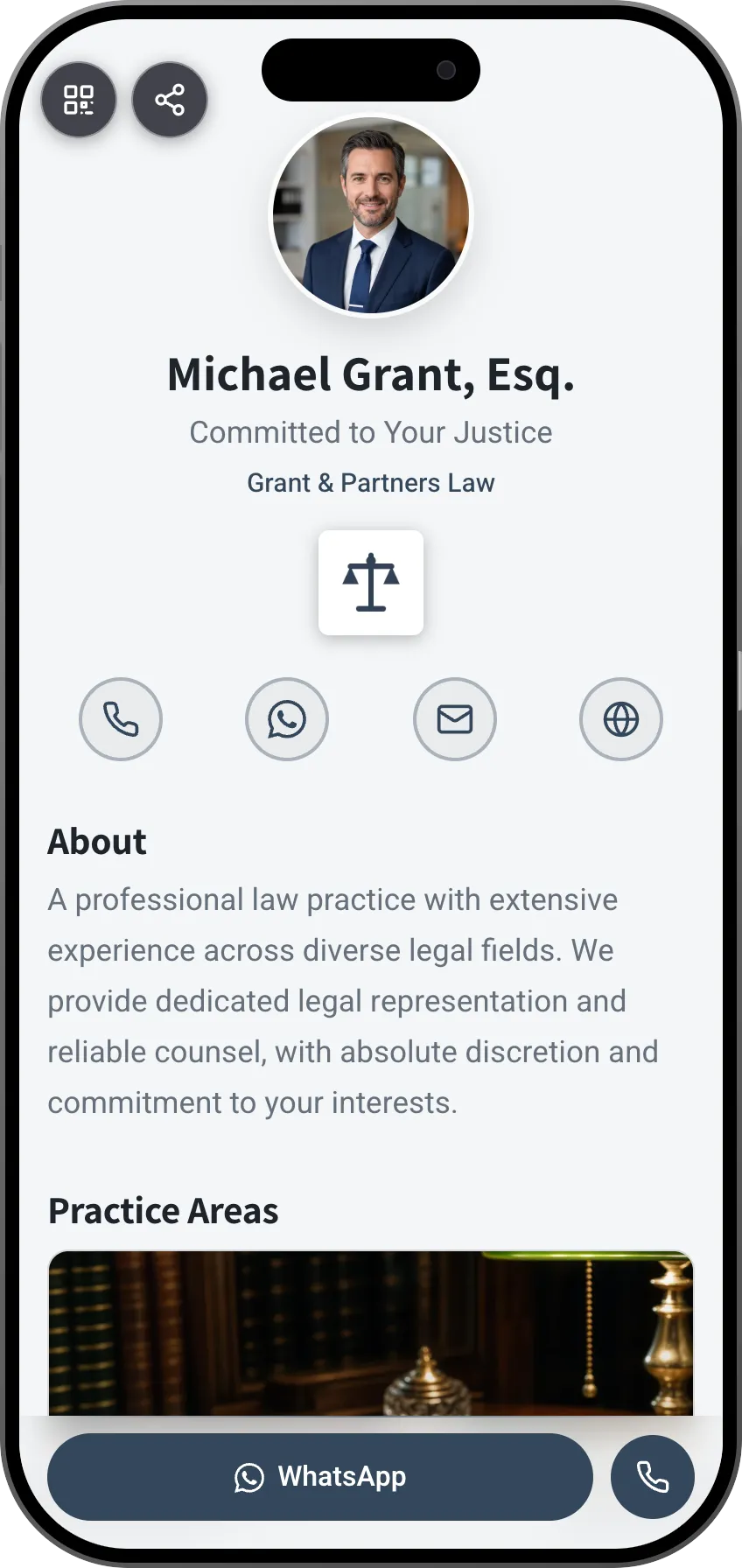 Lawyer digital business card template: practice areas and contact details. A MyVisito template