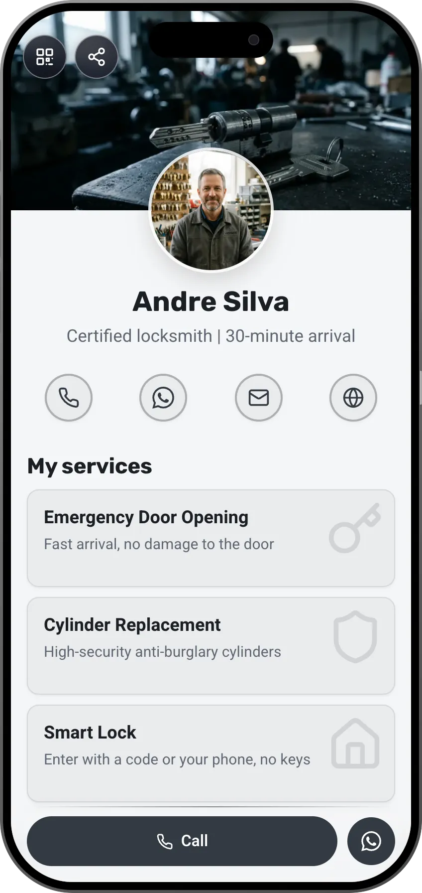 Locksmith digital business card template: emergency services and quick call. A MyVisito template