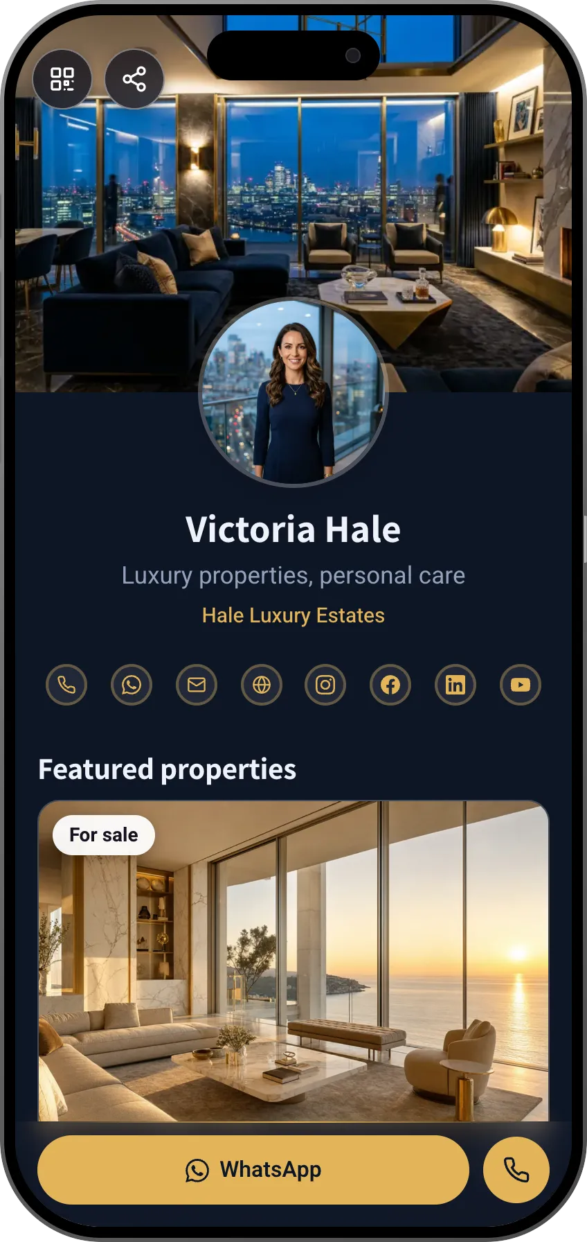 Luxury real estate digital business card template: featured properties and testimonials. A MyVisito template