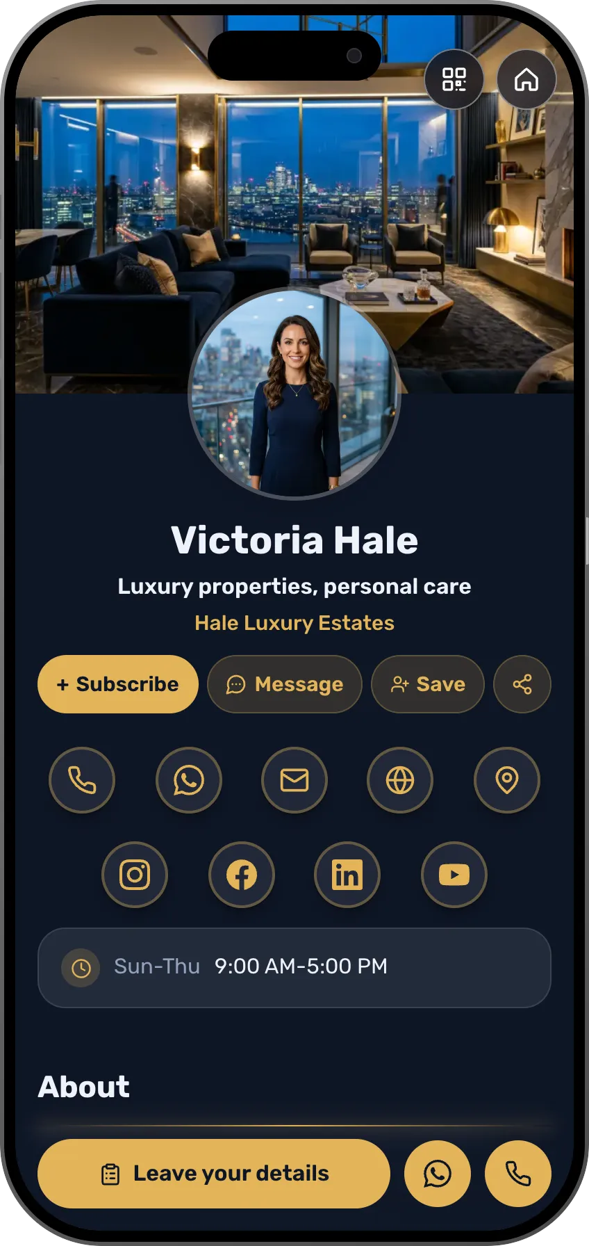 Luxury real estate digital business card template: featured properties and testimonials. A MyVisito template