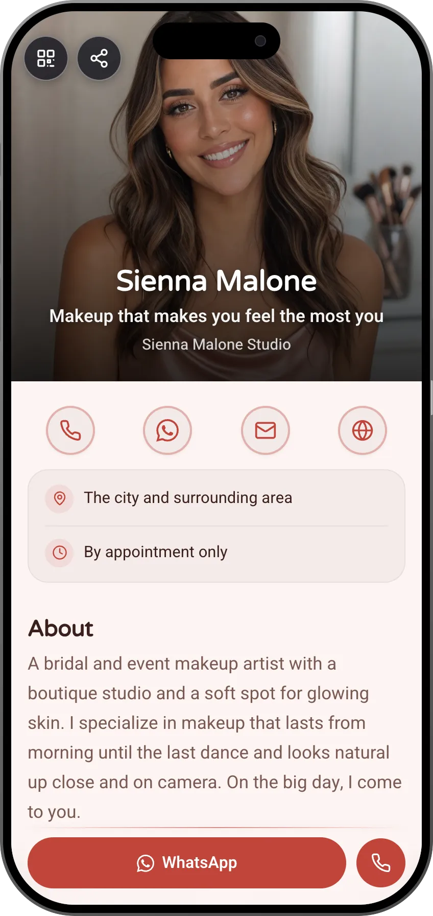 Digital business card template: Makeup artist. For makeup artists: a gallery, before and after, a photo price list and booking on every service.