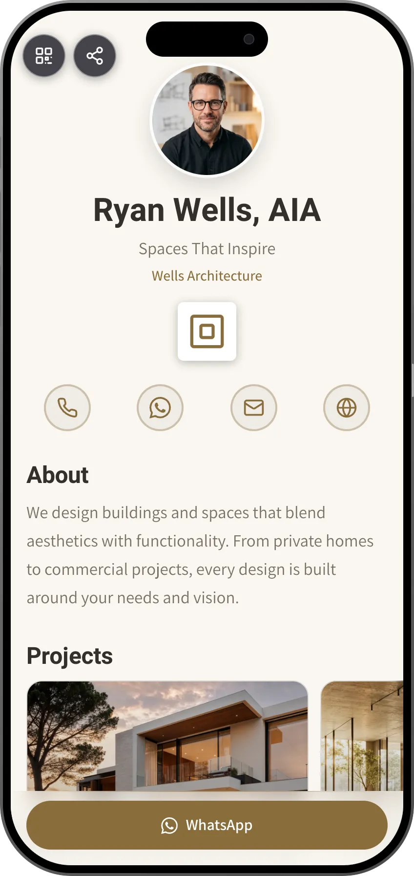 Minimal digital business card template for architects and designers. A MyVisito template