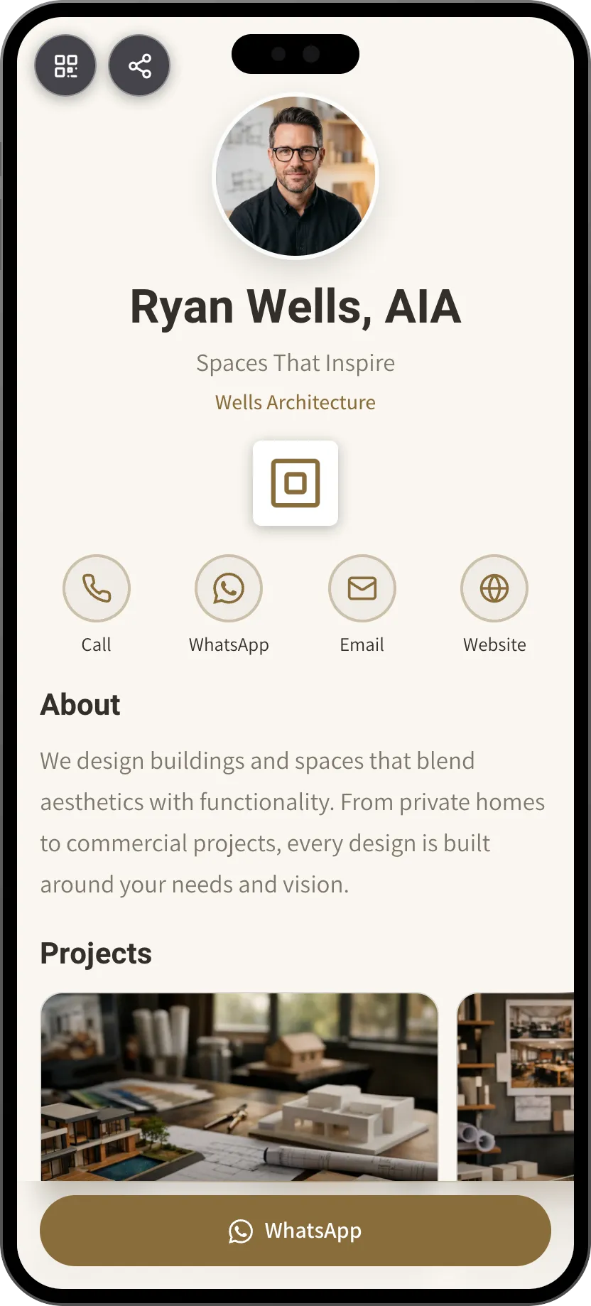 Minimal digital business card template for architects and designers. A MyVisito template