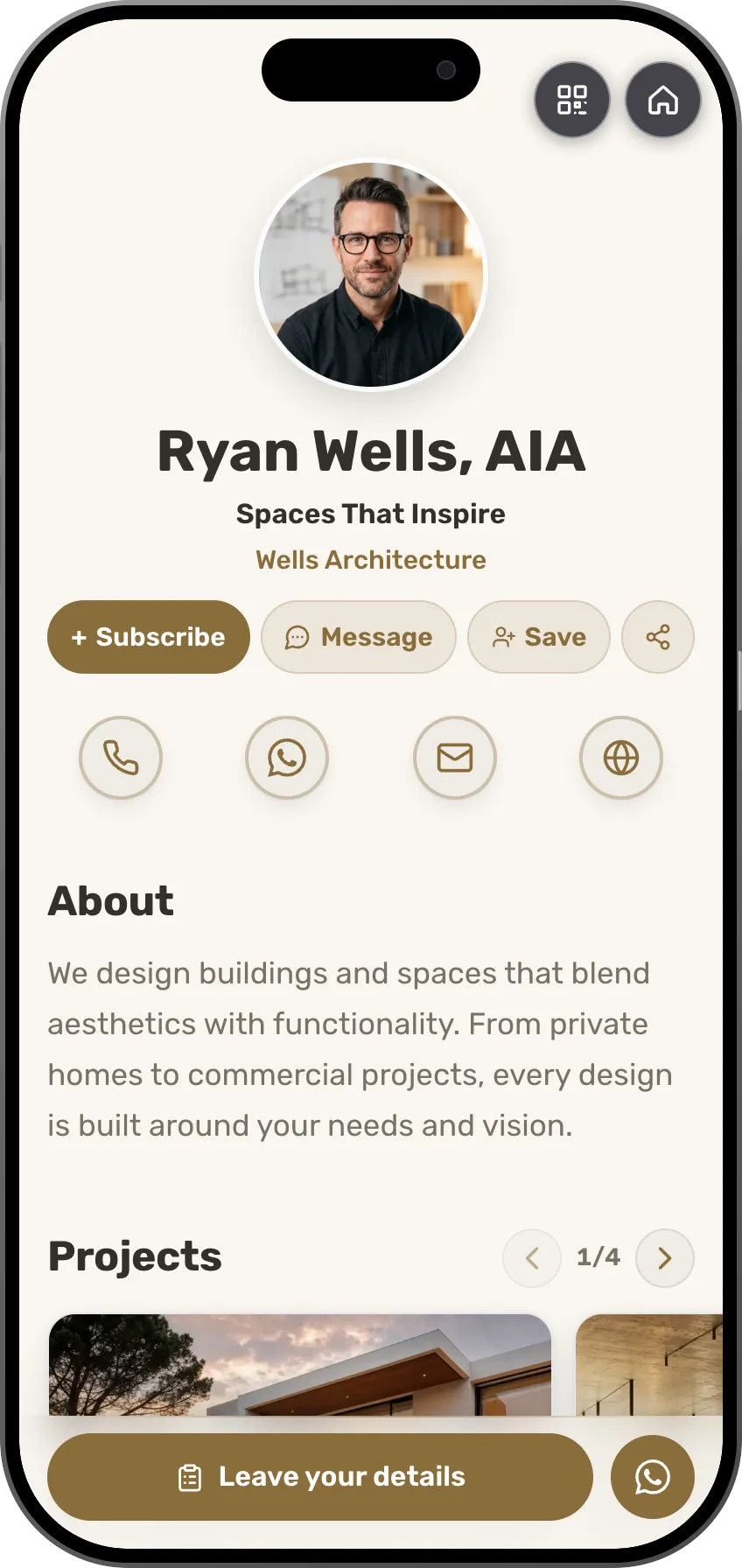 Minimal digital business card template for architects and designers. A MyVisito template