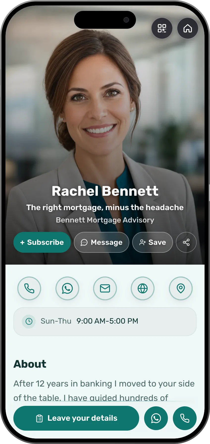 Digital business card template: Mortgage advisor. For mortgage advisors: advisory services, testimonials from families who saved, and a lead form as the primary action.