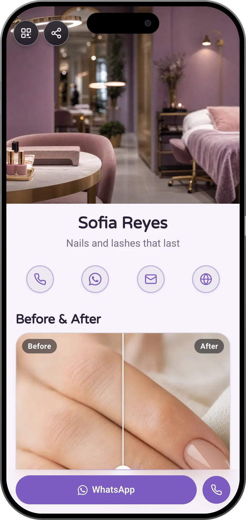 Nails and lashes studio digital business card template: price list, before and after and appointment booking. A MyVisito template