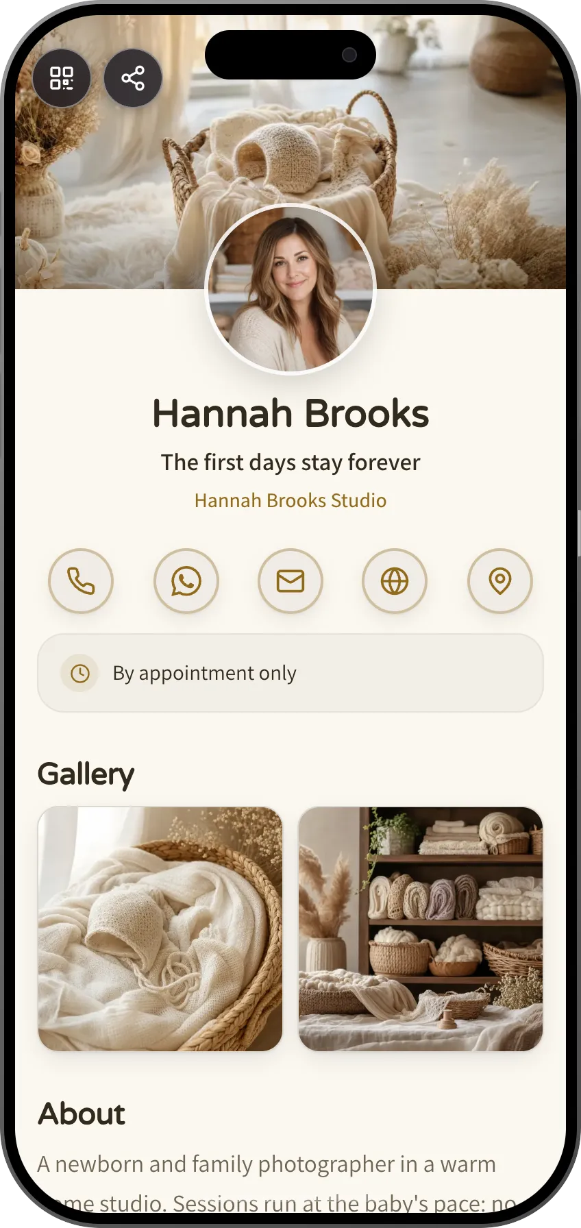 Digital business card template: Newborn photography. For newborn and family photographers: a heartfelt gallery, session packages and easy scheduling.