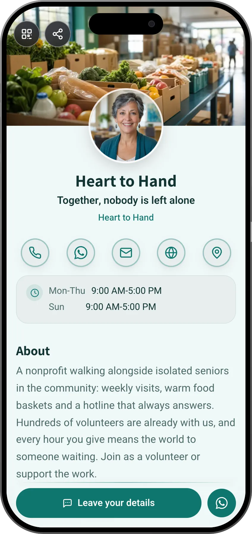 Digital business card template: Nonprofit. For nonprofits: the story, upcoming events and a volunteer signup form.